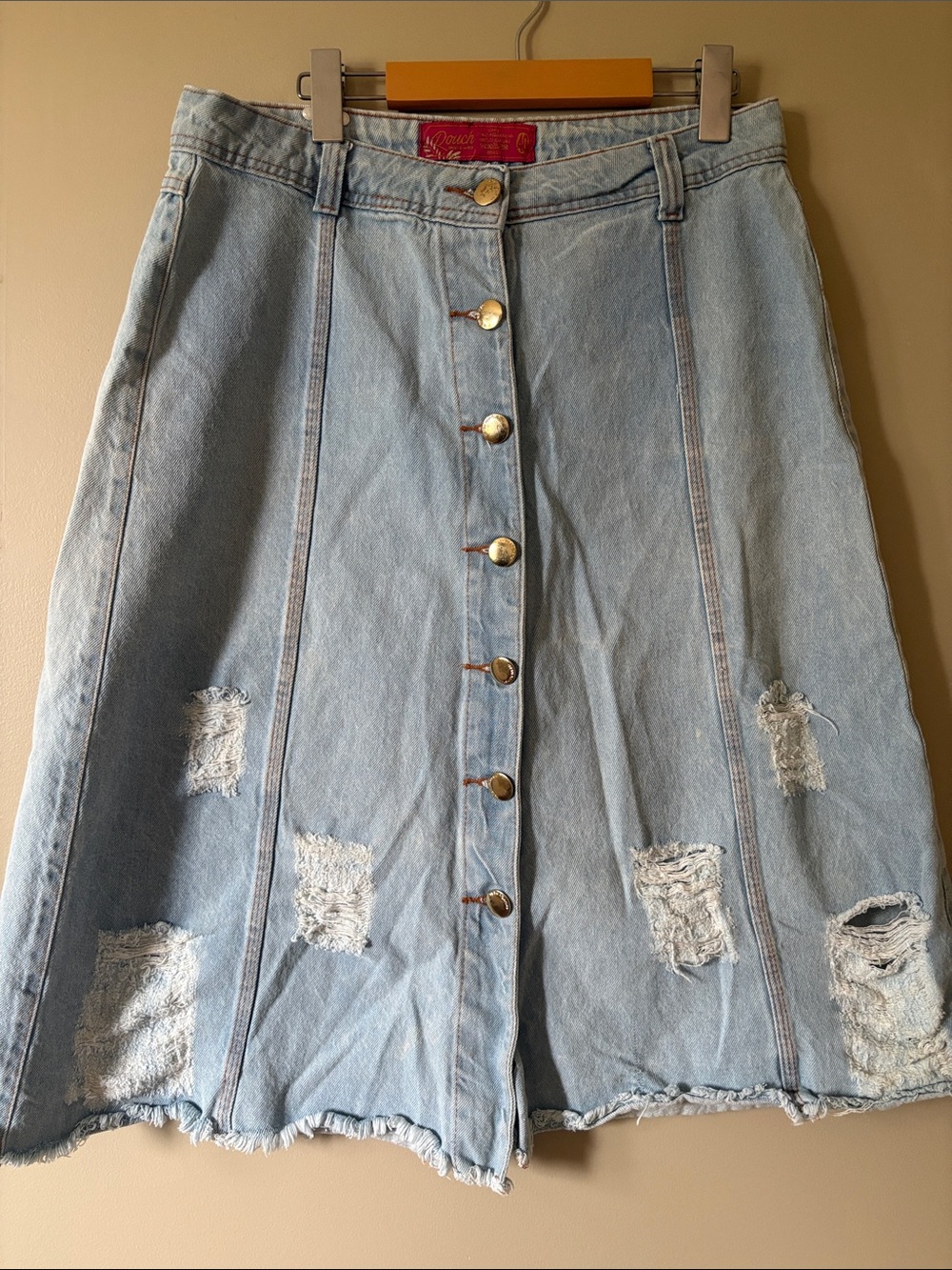 Rouch Jeans Wear Light Wash Distressed Button-Front Denim Skirt